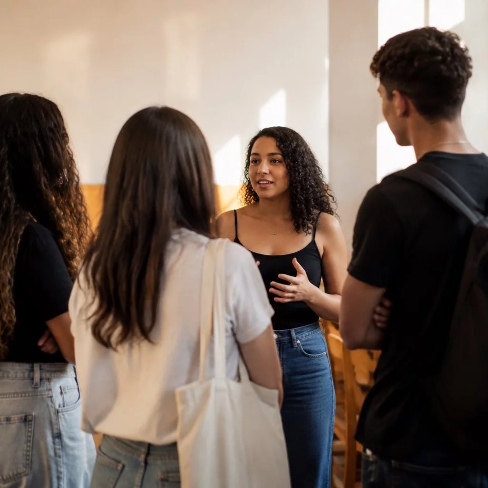 Participantes conversando de pé entre as prateleiras de uma biblioteca